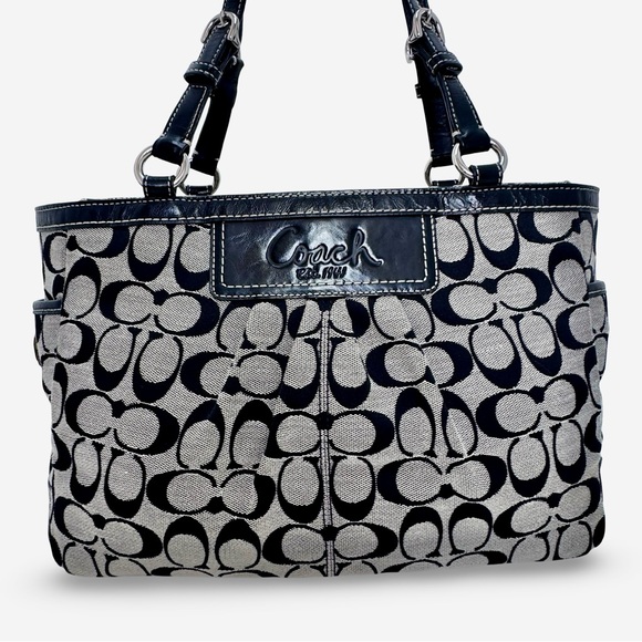 Coach Handbags - Coach Signature Turnlock Black Gray Jacquard Canvas Leather Trim F14281